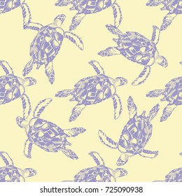 Hand drawn sea turtles seamless pattern. Abstract pastel colors turtles on sand. Vector illustration for print, textile and paper.