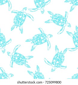 Hand drawn sea turtles seamless pattern. Abstract pastel colors turtles on sand. Vector illustration for print, textile and paper.
