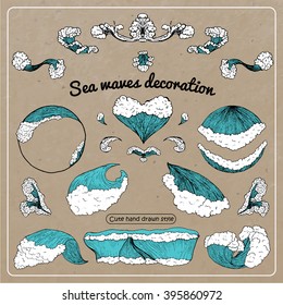 hand drawn sea waves decoration. cute cartoon style