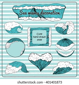 hand drawn sea waves decoration on the striped background. cute cartoon style