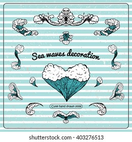 hand drawn sea waves decoration on the striped background. cute cartoon style