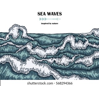 Hand drawn sea waves. Marine background in line art sketch style. Vector illustration