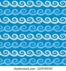 Hand drawn sea waves pattern. Ocean wave seamless doodle background. Vector wavy border set.
