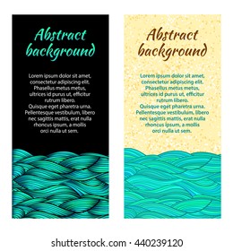 Hand drawn sea waves and sand. Ocean waves on black background. Two abstract vector flat backgrounds.