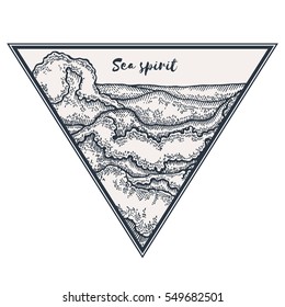 Hand drawn sea waves in triangle. Marine background in line art sketch style. Vector illustration