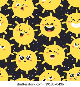 Hand Drawn Seaamless Pattern with Childish Illustration Sun in Cosmos. Vector Drawing Star in Space. Cartoon Solar System object