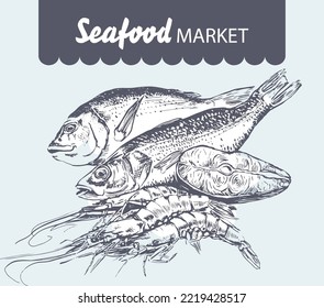 Hand drawn seafood arrangement isolated on background. Fish and shrimp. Retro sketch vector illustration