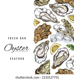 Hand drawn seafood banner with oyster, ice cubes and lemon slice - sketch vector illustration on white. Advertising poster with copy space for text.