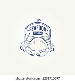 Hand drawn seafood crab sketch logo emblem for the menu of fish restaurants, markets and shop