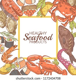 Hand Drawn Seafood Design with Fish Crab and Lobster Restaurant Menu. Vector illustration