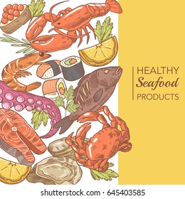 Hand Drawn Seafood Design with Octopus Salmon and Oysters restaurant Menu Vector illustration