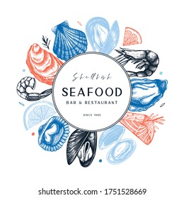 Hand drawn seafood design. Shellfish frame on chalkboard. Selfish - mollusks, shrimps, fish sketches. Perfect for recipe, menu,  delivery, packaging. Vintage mussels and oysters background. 