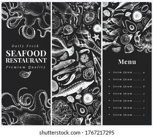 Hand drawn seafood design template. Vector crabsfishes and oystrers illustrations on chalk board. Vintage marine background