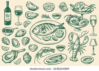Jantar de frutos do mar desenhado à mão Composição com Ostras de camarão de lagosta de peixe e vinho
