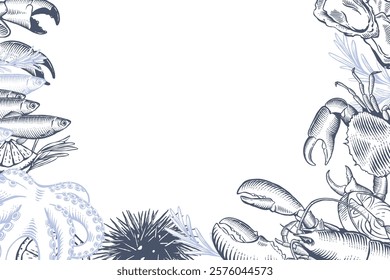 Hand drawn seafood and fish in line art style. Decorative frame for menus, invitations, or maritime-themed designs

