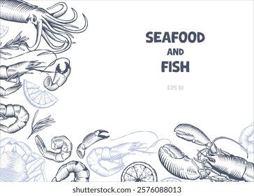 Hand drawn seafood and fish in line art style. Decorative frame for menus, invitations, or maritime themed designs
