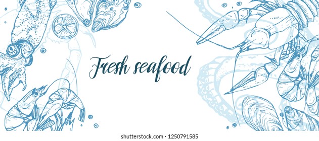 Hand drawn seafood horizontal banner template. Seafood sketches in horizontal composition.  Vector illustration for restaurant menu designs etc.