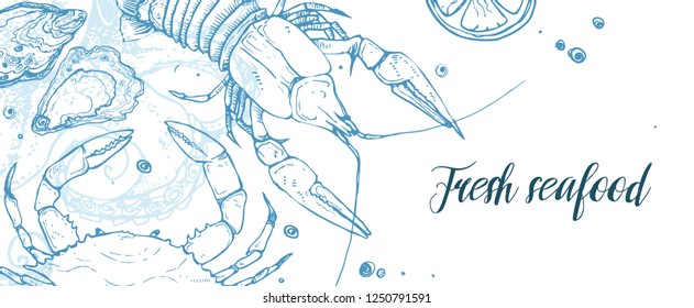 Hand drawn seafood horizontal banner template. Seafood sketches in horizontal composition.  Vector illustration for restaurant menu designs etc.