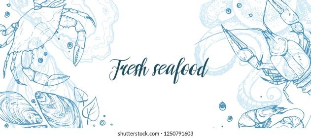 Hand drawn seafood horizontal banner template. Seafood sketches in horizontal composition.  Vector illustration for restaurant menu designs etc.