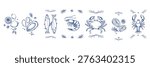 Hand drawn seafood icon set with fish shrimp crab lobster oyster mussel and lemon elements in blue line style for menu design packaging restaurant branding, food related graphics.Vector illustration