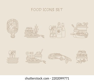 Hand drawn seafood icon set for recipes and restaurant menu. Fish, mussels, shrimps with lemon, salads and spices.