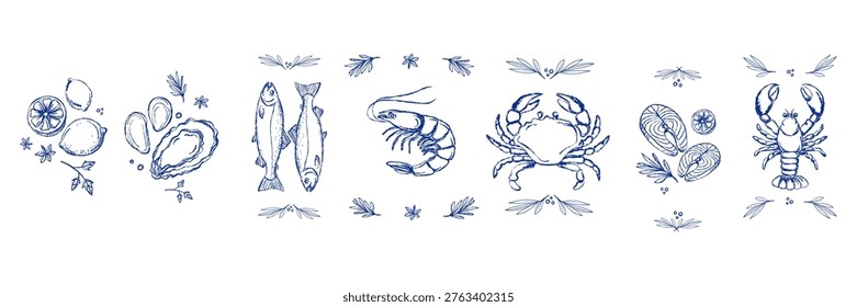 Hand drawn seafood icon set with fish shrimp crab lobster oyster mussel and lemon elements in blue line style for menu design packaging restaurant branding, food related graphics.Vector illustration
