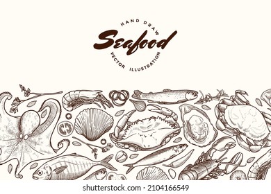 Hand drawn seafood illustration banner template design