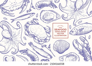 Hand drawn seafood illustration banner template design