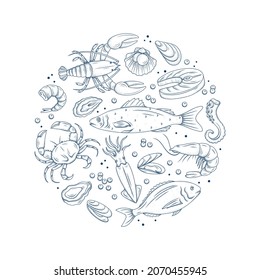 Hand drawn seafood illustration. Vector set of line sea fishes with prawn, salmon, crab, lobster, fish fillet, oyster, mussel, octopus, squid. Engraved background for restaurant menu, design sea shops