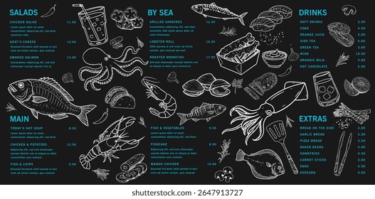 Vetor de ilustração de frutos do mar desenhado à mão. Desenho detalhado de peixe fresco, caranguejo, lagosta, ostra, mexilhão e vegetais. Adequado para modelo de menu vintage.
