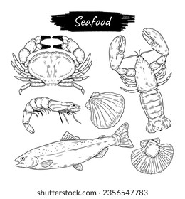 Hand drawn seafood line art element collection