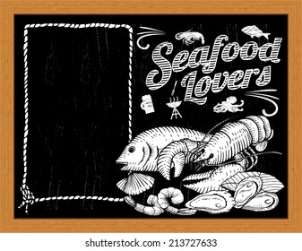 Tablero de menú de mariscos dibujado a mano
