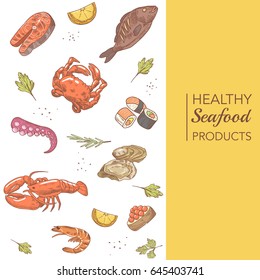 Hand Drawn Seafood Menu Design with Fish, Crab and Oysters. Vector illustration