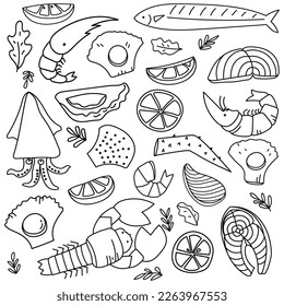 Hand drawn seafood menu in doodle art style on white background