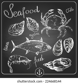 Hand drawn seafood on the blackboard