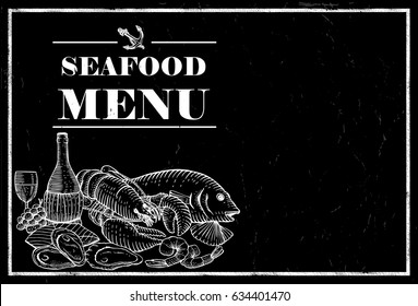 Hand drawn seafood on a chalk board, vector