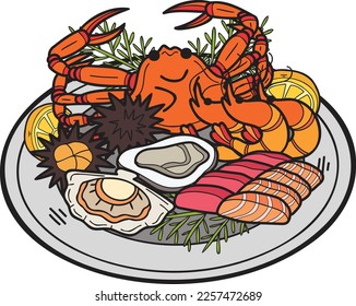 Hand Drawn seafood on plate illustration in doodle style isolated on background
