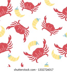 Hand drawn seafood pattern with crabs and pepper. Freehand marine products perfect for shop or restaurant menu, flyer, banner and print design.