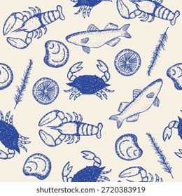 ilustração padrão de frutos do mar desenhado à mão no estilo de gravura vintage.