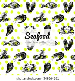 Hand Drawn Seafood Pattern including mussel, fish, crab, shrimp and octopus on yellow dotted background