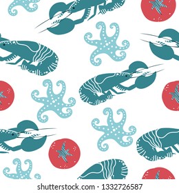 Hand drawn seafood pattern with lobster, octopus, tomato. Freehand marine products perfect for shop or restaurant menu, flyer, banner and print design.