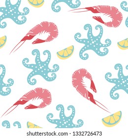 Hand drawn seafood pattern with salmon, shrimps and lemon. Freehand marine products perfect for shop or restaurant menu, flyer, banner and print design.