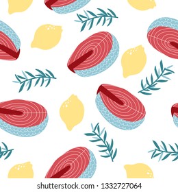 Hand drawn seafood pattern with salmon, lemon, rosemary. Freehand marine products perfect for shop or restaurant menu, flyer, banner and print design.