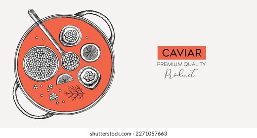 Hand drawn seafood platter in collage style. Canned caviar, red caviar canape, lemons - hand drawn food sketches for restaurant menu or finger food party. Sea delicacy vector background design