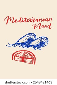 Cartaz de frutos do mar desenhado à mão em estilo mediterrâneo com lagosta, sardinhas, ostras, camarões e limão. Vintage linha azul arte perfeito para menus de restaurante e marca gourmet.