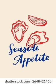 Cartaz de frutos do mar desenhado à mão em estilo mediterrâneo com lagosta, sardinhas, ostras, camarões e limão. Vintage linha azul arte perfeito para menus de restaurante e marca gourmet.