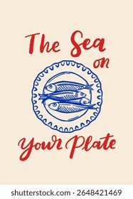 Cartaz de frutos do mar desenhado à mão em estilo mediterrâneo com lagosta, sardinhas, ostras, camarões e limão. Vintage linha azul arte perfeito para menus de restaurante e marca gourmet.
