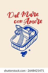 Cartaz de frutos do mar desenhado à mão em estilo mediterrâneo com lagosta, sardinhas, ostras, camarões e limão. Vintage linha azul arte perfeito para menus de restaurante e marca gourmet.