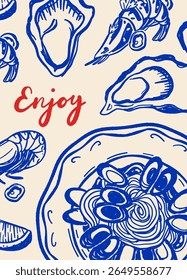 Cartaz de frutos do mar desenhado à mão em estilo mediterrâneo com lagosta, sardinhas, ostras, camarões e limão. Vintage linha azul arte perfeito para menus de restaurante e marca gourmet.