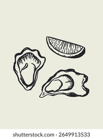 Cartaz de frutos do mar desenhado à mão em estilo mediterrâneo com lagosta, sardinhas, ostras, camarões e limão. Vintage linha azul arte perfeito para menus de restaurante e marca gourmet.